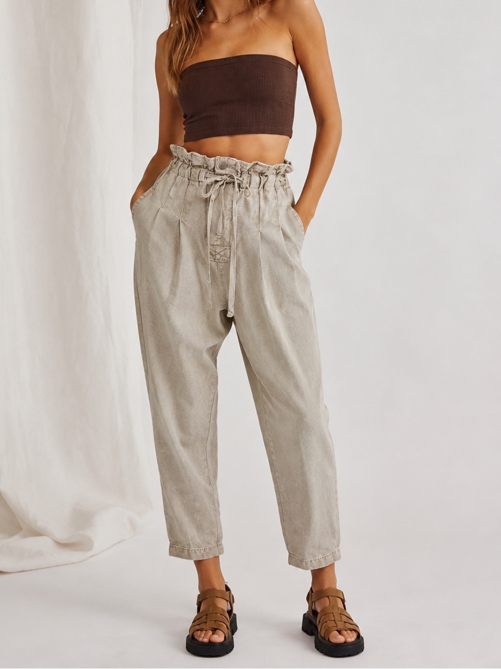 Free people margate washed pleated trousers green beige XS